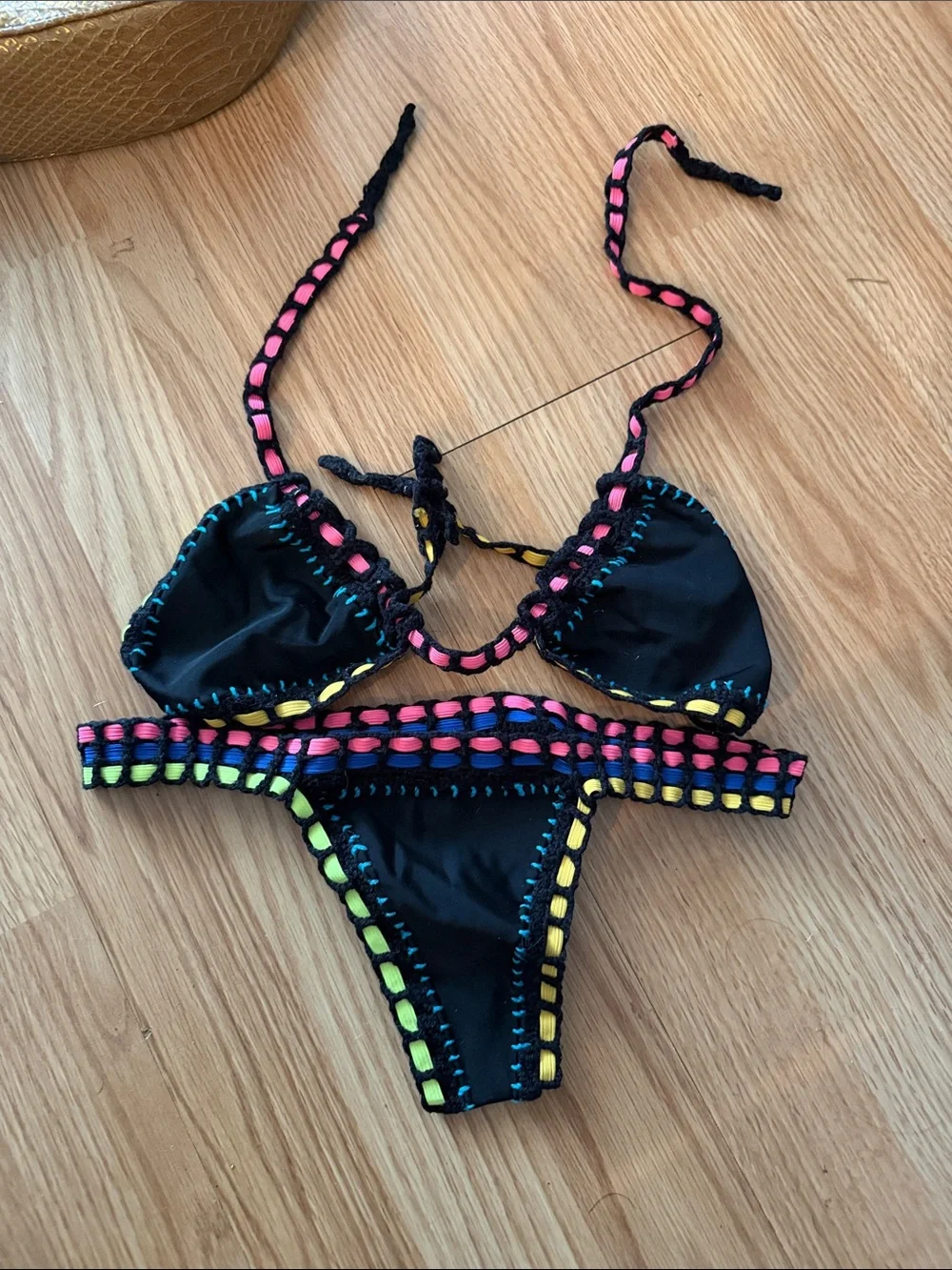 Black Kids One-Piece Swim Set with Neon Pink & Yellow Trim